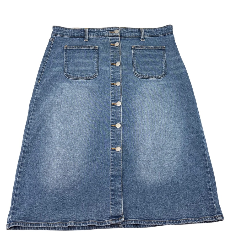 Wonderly Womens Blue Denim Button Front High Rise Midi A-Line Skirt Size 16P
